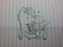 Size: 960x720 | Tagged: safe, artist:sugar morning, oc, oc only, oc:slipstream, oc:sugar morning, species:pegasus, species:pony, cute, eyes closed, female, heart, in love, kissing, lined paper, love, male, mare, oc x oc, shipping, sketch, stallion, straight, sugarstream, traditional art