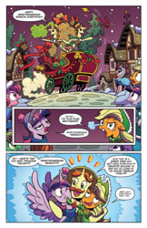 Size: 956x1472 | Tagged: safe, artist:brendahickey, idw, character:applejack, character:flam, character:flim, character:twilight sparkle, character:twilight sparkle (alicorn), species:alicorn, species:pony, episode:hearth's warming eve, g4, my little pony: friendship is magic, bag, bells, christmas, christmas tree, clothing, cute, flamabetes, flim flam brothers, flimabetes, hat, holiday, holly, preview, scarf, tree, winter outfit