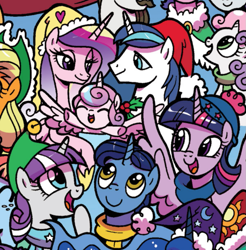 Size: 835x847 | Tagged: safe, idw, character:applejack, character:cookie crumbles, character:hondo flanks, character:night light, character:princess cadance, character:princess celestia, character:princess flurry heart, character:princess luna, character:rarity, character:sweetie belle, character:twilight sparkle, character:twilight sparkle (alicorn), character:twilight velvet, character:windy whistles, species:alicorn, species:earth pony, species:pegasus, species:pony, species:unicorn, c:, christmas, clothing, cropped, cute, diaper, eyes closed, family, female, filly, foal, happy, hat, holiday, holly, lidded eyes, mare, open mouth, santa hat, smiling, sparkle family, spread wings, wings