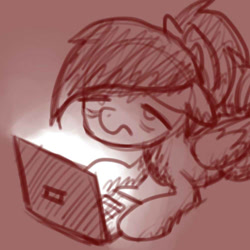 Size: 500x500 | Tagged: safe, artist:sugar morning, oc, oc only, oc:sugar morning, species:pegasus, species:pony, computer, cute, doodle, female, in the dark, laptop computer, mare, monochrome, ponies, sketch, sleepy, tired, working