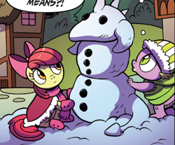 Size: 1056x875 | Tagged: safe, artist:brendahickey, idw, character:apple bloom, character:princess ember, character:spike, species:dragon, ship:spikebloom, cropped, female, male, shipping, snow dragon, snowman, straight