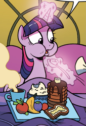 Size: 731x1078 | Tagged: safe, artist:brendahickey, idw, character:twilight sparkle, character:twilight sparkle (alicorn), species:alicorn, species:pony, apple, aweeg*, banana, bread, breakfast, breakfast in bed, butter, chubby cheeks, cropped, eating, female, food, fruit, herbivore, levitation, magic, mare, open mouth, pancakes, puffy cheeks, telekinesis, toast, twiggy piggy