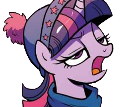 Size: 291x252 | Tagged: safe, artist:brendahickey, edit, idw, character:twilight sparkle, character:twilight sparkle (alicorn), species:alicorn, species:pony, background removed, bust, clothing, female, frown, glare, hat, lidded eyes, mare, open mouth, portrait, scarf, simple background, solo, transparent background