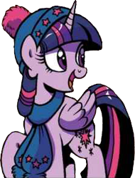 Size: 220x289 | Tagged: safe, artist:brendahickey, edit, idw, character:twilight sparkle, character:twilight sparkle (alicorn), species:alicorn, species:pony, background removed, beanie, clothing, hat, scarf, simple background, solo, transparent background