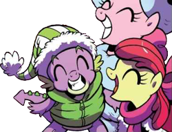 Size: 375x286 | Tagged: safe, artist:brendahickey, edit, idw, character:apple bloom, character:pinkie pie, character:spike, species:dragon, ship:spikebloom, background removed, christmas, clothing, female, grin, hat, holiday, male, santa hat, scarf, shipping, simple background, smiling, straight, transparent background