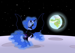 Size: 3504x2480 | Tagged: safe, artist:malte279, character:nightmare moon, character:princess luna, species:alicorn, species:pony, banishment, earth, ethereal mane, female, galaxy mane, mare, moon, rearing, solo, space, spread wings, stars, wings