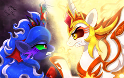 Size: 1980x1240 | Tagged: safe, artist:joakaha, idw, character:daybreaker, character:princess celestia, character:princess luna, species:alicorn, species:pony, angry, badass, crossover, curved horn, duo, evil luna, evil sisters, eye contact, fangs, gritted teeth, looking at each other, reflections, signature, sombra eyes, sombra horn