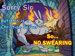 Size: 1159x864 | Tagged: safe, artist:tonyfleecs, edit, idw, species:rabbit, legends of magic, christian server, christianity, comic sans, context is for the weak, dank memes, door, fire, frown, glare, looking at you, muscles, no swearing, smiling, smirk, squirrel, swearing on a christian server, swol, text, tree, vulgar, wat, wrong neighborhood