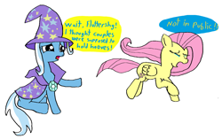 Size: 1264x793 | Tagged: safe, artist:artiks, derpibooru original, character:fluttershy, character:trixie, species:pegasus, species:pony, species:unicorn, ship:trixieshy, cape, clothing, crying, dialogue, eyes closed, female, hat, lesbian, mare, raised hoof, running away, sad, shipping, simple background, sitting, trixie's cape, trixie's hat, white background