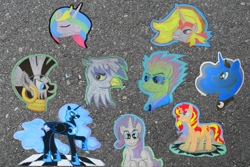 Size: 2912x1942 | Tagged: safe, artist:malte279, character:daybreaker, character:gilda, character:nightmare moon, character:princess celestia, character:princess luna, character:rarity, character:spitfire, character:sunset shimmer, character:zecora, species:alicorn, species:griffon, species:pegasus, species:pony, species:unicorn, species:zebra, chalk drawing, traditional art