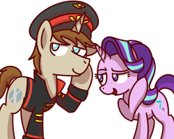 Size: 1280x1024 | Tagged: safe, artist:sugar morning, character:starlight glimmer, oc, oc:red glare, species:pony, species:unicorn, canon x oc, clothing, commissar, cute, female, hat, male, mare, shipping, simple background, stallion, straight, uniform, warhammer (game), warhammer 40k, whispering