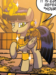 Size: 208x280 | Tagged: safe, artist:tonyfleecs, idw, official comic, character:queen cleopatrot, species:pegasus, species:pony, cropped, dialogue, female, from the shadows, jewelry, mare, raised hoof, regalia, solo, speech bubble