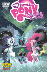 Size: 659x1000 | Tagged: artist needed, safe, idw, official comic, character:dj pon-3, character:fluttershy, character:pinkie pie, character:rarity, character:spike, character:vinyl scratch, clothing, cover, dress, gangnam style