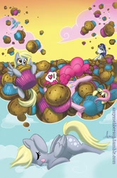 Size: 600x910 | Tagged: safe, artist:amy mebberson, idw, official, official comic, character:derpy hooves, character:fluttershy, character:pinkie pie, character:rarity, species:pegasus, species:pony, comic, cover, female, mare, muffin, that pony sure does love muffins