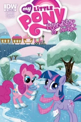 Size: 1200x1821 | Tagged: safe, artist:stephanie buscema, idw, official comic, character:pinkie pie, character:twilight sparkle, species:earth pony, species:pony, species:unicorn, clothing, cover, duo, female, friendship express, ice, ice skates, ice skating, looking at you, mare, scarf, snow, train