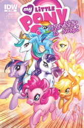 Size: 659x1000 | Tagged: safe, artist:j. scott campbell, idw, official comic, character:applejack, character:fluttershy, character:pinkie pie, character:princess celestia, character:rainbow dash, character:rarity, character:twilight sparkle, species:alicorn, species:earth pony, species:pegasus, species:pony, species:unicorn, backwards cutie mark, cover, female, flying, looking at you, mane six, mare, running