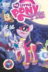 Size: 659x1000 | Tagged: safe, artist:tonyfleecs, idw, official comic, character:owlowiscious, character:spike, character:twilight sparkle, species:dragon, species:owl, species:pony, species:unicorn, clothing, costume, cover, female, flying, looking up, male, mare, mask, moon, parasprite, superhero