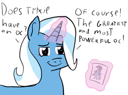 Size: 1200x893 | Tagged: safe, artist:artiks, character:trixie, oc, oc:trixie, species:pony, species:unicorn, female, magic, mare, paper, simple background, solo, white background