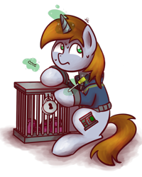 Size: 1024x1280 | Tagged: safe, artist:sugar morning, derpibooru original, oc, oc only, oc:littlepip, species:pony, species:unicorn, fallout equestria, addiction, anxious, bobby pin, cage, clothing, cutie mark, drugs, fallout, female, lock, lockpick, lockpicking, magic, mare, mint-als, nervous, pad, padlock, party time mintals, pipbuck, scared, screwdriver, simple background, sitting, solo, sweat, transparent background, vault suit