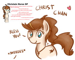 Size: 1280x1024 | Tagged: safe, artist:anonymous, artist:otherdrawfag, artist:sugar morning, oc, oc only, oc:christ chan, species:earth pony, species:pony, christianity, cross, dove, female, girlfriend, hairpin, heart, ideal gf, jewelry, mare, meme, necklace, ponified, religion, religious focus, simple background, solo, waifu