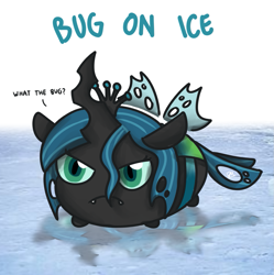 Size: 1019x1024 | Tagged: safe, artist:sugar morning, derpibooru original, character:queen chrysalis, species:changeling, chubbie, angry eyes, blob, changeling queen, chibi, cute, cutealis, dialogue, fangs, female, funny, ice, insect, meme, reflection, simple background, solo, weird