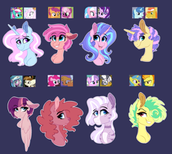 Size: 1861x1664 | Tagged: safe, artist:saphi-boo, idw, character:aloe, character:carrot cake, character:cheerilee, character:diamond tiara, character:featherweight, character:fleur-de-lis, character:lemon hearts, character:little strongheart, character:party favor, character:pinkie pie, character:radiant hope, character:scootaloo, character:spitfire, character:spring step, character:starlight glimmer, character:sunlight spring, character:zecora, oc, parent:aloe, parent:carrot cake, parent:cheerilee, parent:diamond tiara, parent:featherweight, parent:fleur-de-lis, parent:lemon hearts, parent:little strongheart, parent:party favor, parent:pinkie pie, parent:radiant hope, parent:scootaloo, parent:spitfire, parent:starlight glimmer, parent:zecora, species:pegasus, species:pony, aloeglimmer, auction, blue background, bust, cheeriloo, crack shipping, diamondcora, featherhope, female, hair over one eye, hybrid, infidelity, interspecies offspring, lemonfire, lesbian, magical gay spawn, magical lesbian spawn, offspring, parent:spring step, parents:aloeglimmer, parents:cheeriloo, parents:diamondcora, parents:featherhope, parents:lemonfire, parents:partycake, parents:pinkieheart, parents:spring-de-lis, partycake, pinkieheart, shipping, simple background, spring-de-lis