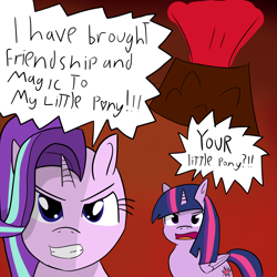 Size: 5000x5000 | Tagged: safe, artist:artiks, character:starlight glimmer, character:twilight sparkle, character:twilight sparkle (alicorn), species:alicorn, species:pony, absurd resolution, crossover, dialogue, lava, movie reference, mustafar, revenge of the sith, simple background, speech bubble, star wars, volcano