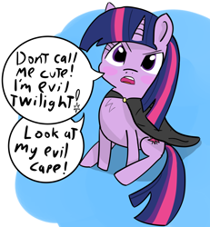 Size: 3622x3914 | Tagged: safe, artist:artiks, character:twilight sparkle, character:twilight sparkle (alicorn), species:alicorn, species:pony, blushing, cape, clothing, dialogue, evil, female, i'm not cute, looking at you, mare, pure unfiltered evil, simple background, sitting, solo, speech bubble