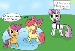 Size: 7022x4817 | Tagged: safe, artist:artiks, character:apple bloom, character:scootaloo, character:sweetie belle, species:earth pony, species:pegasus, species:pony, species:unicorn, friendship is witchcraft, sweetie bot, absurd resolution, cannon hatch, comic, cutie mark, cutie mark crusaders, dialogue, eyes closed, female, filly, foal, grass, hooves, horn, open mouth, robot, robot pony, sky, snooty snark evaders, speech bubble, teeth, wings