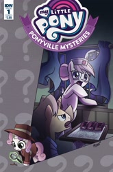 Size: 2063x3131 | Tagged: safe, idw, character:doctor horse, character:doctor stable, character:nurse redheart, character:sweetie belle, species:pony, blushing, comic cover, comics, doctor, female, logo, magnifying glass, male, mare, my little pony logo, ponyville mysteries, question mark, stallion