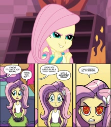 Size: 1786x2048 | Tagged: safe, idw, screencap, character:fluttershy, episode:a fine line, g4, my little pony:equestria girls, angry, beware the quiet ones, comparison, continuity, crossing the memes, cute, destroy all enemies, evil grin, eye, eyes, fire, flame eyes, fluttershy's revenge, gamershy, grin, headcanon in the description, meme, pure unfiltered evil, shyabetes, smiling, this will end in tears, video game, wingding eyes
