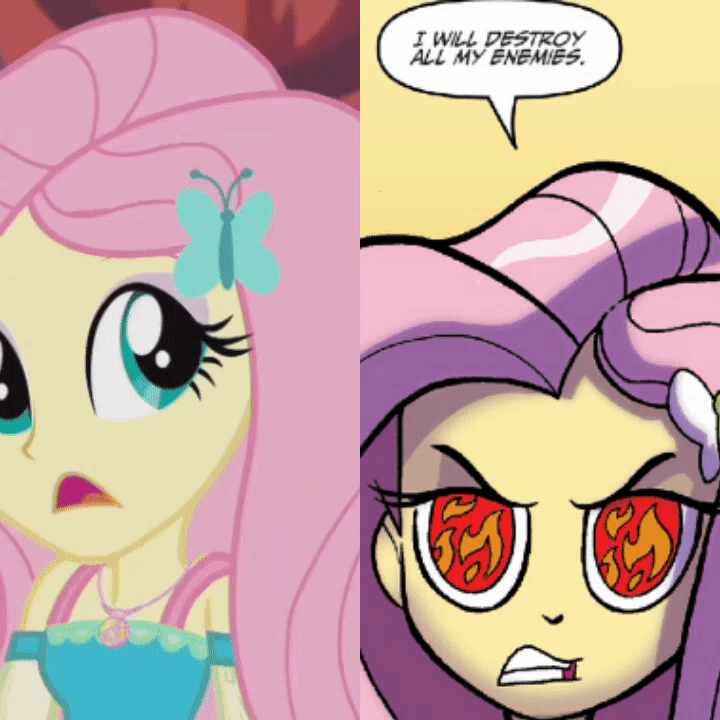 Size: 720x720 | Tagged: safe, idw, screencap, character:fluttershy, episode:a fine line, g4, my little pony:equestria girls, angry, animated, beware the quiet ones, comparison, continuity, crossing the memes, cute, destroy all enemies, evil grin, eye, eyes, fire, flame eyes, fluttershy's revenge, grin, headcanon in the description, meme, pure unfiltered evil, shyabetes, smiling, this will end in tears, video game, wingding eyes