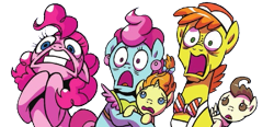 Size: 795x369 | Tagged: safe, artist:brendahickey, idw, character:carrot cake, character:cup cake, character:pinkie pie, character:pound cake, character:pumpkin cake, background removed, gaping, preview, shocked, simple background, transparent background