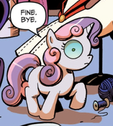 Size: 310x348 | Tagged: safe, idw, official comic, character:sweetie belle, species:pony, species:unicorn, changelings are terrible actors, disguise, disguised changeling, female, filly, infected, solo, the return of queen chrysalis, wide eyes