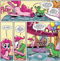 Size: 920x944 | Tagged: safe, artist:brendahickey, idw, official comic, character:gummy, character:pinkie pie, species:earth pony, species:pony, alligator, comic, cropped, dialogue, duo, female, male, mare, speech bubble