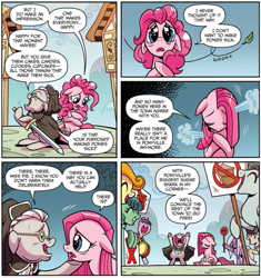 Size: 947x1008 | Tagged: dead source, safe, artist:brendahickey, idw, official comic, character:octavia melody, character:pinkamena diane pie, character:pinkie pie, character:temperance flowerdew, species:earth pony, species:pony, anti-sugar league, carrie nation, comic, cropped, dialogue, female, floppy ears, happy, mare, poof, sad, sign, speech bubble, sword, weapon