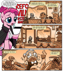 Size: 915x1037 | Tagged: dead source, safe, artist:brendahickey, idw, official comic, character:pinkamena diane pie, character:pinkie pie, character:temperance flowerdew, species:earth pony, species:pony, alternate hairstyle, cake, carrie nation, comic, crying, diabetes fuel, dialogue, fat, female, filly, flashback, foal, food, mare, pie, sepia, speech bubble, stomach ache, stuffed, sugar rush, this will end in diabetes, younger