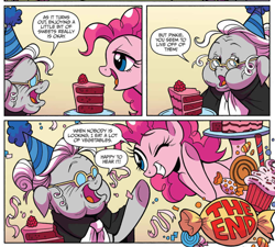 Size: 898x807 | Tagged: dead source, safe, artist:brendahickey, idw, official comic, character:pinkie pie, character:temperance flowerdew, species:earth pony, species:pony, cake, candy, carrie nation, clothing, comic, confetti, cropped, dialogue, duo, female, floppy ears, food, glasses, hat, mare, old, one eye closed, party hat, speech bubble, wink