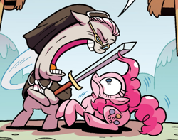 Size: 1046x825 | Tagged: safe, artist:brendahickey, idw, official comic, character:pinkie pie, character:temperance flowerdew, species:pony, carrie nation, cropped, disproportional anatomy, duo, faec, female, mare, open mouth, sword, volumetric mouth, wat, weapon, wtf
