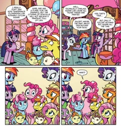 Size: 849x881 | Tagged: safe, artist:brendahickey, idw, official comic, character:applejack, character:carrot cake, character:cup cake, character:fluttershy, character:pinkie pie, character:pound cake, character:pumpkin cake, character:rainbow dash, character:rarity, character:spike, character:twilight sparkle, character:twilight sparkle (alicorn), species:alicorn, species:pony, comic, cropped, derp, dialogue, female, food, male, mane seven, mane six, mare, shocked, simple background, soul, speech bubble, stallion, sugar (food), sugarcube corner, wat