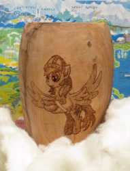 Size: 2252x2952 | Tagged: safe, artist:malte279, oc, oc:leafhelm, species:pegasus, species:pony, cloud, helmet, map, pyrography, traditional art, wooden cup