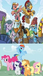 Size: 2048x3642 | Tagged: safe, artist:tonyfleecs, idw, screencap, character:applejack, character:flash magnus, character:fluttershy, character:meadowbrook, character:mistmane, character:pinkie pie, character:rainbow dash, character:rarity, character:rockhoof, character:somnambula, character:star swirl the bearded, character:stygian, character:twilight sparkle, species:earth pony, species:pegasus, species:pony, species:unicorn, g4, legends of magic, comparison, female, intro, male, mane six, mane six opening poses, mare, pillars of equestria, stallion
