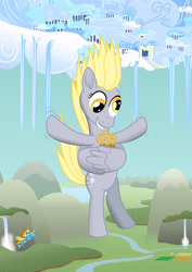 Size: 3472x4911 | Tagged: safe, artist:malte279, character:derpy hooves, character:spitfire, species:pegasus, species:pony, cloudsdale, derpy day, derpy day 2018, derpy doing derpy things, falling, food, muffin, wing hands