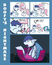 Size: 1024x1280 | Tagged: safe, artist:sugar morning, oc, oc only, oc:artemis starshine, oc:slipstream, oc:sugar morning, species:pegasus, species:pony, boofy, boofy is a good boy, catapult nightmare, catpony, collar, cute, dog bed, dog pony, eyes closed, female, funny, gasp, good boy, male, nightmare, oc x oc, original species, pet play, remake, ship, shipping, shrunken pupils, simple background, spiked collar, straight, sugarstream, sweat, tongue out, weird