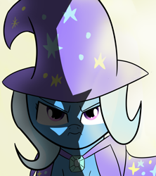 Size: 2589x2916 | Tagged: safe, artist:artiks, character:trixie, species:pony, species:unicorn, cape, clothing, cropped, female, hat, mare, scowl, simple background, solo, trixie's cape, trixie's hat