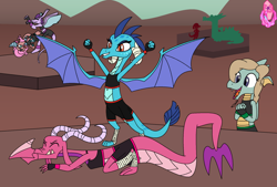 Size: 1024x694 | Tagged: safe, artist:author92, idw, character:crackle, character:mina, character:princess ember, character:prominence, oc, species:dragon, alternate costumes, ballista, clapping, claws, clothing, corey powell, dragon lands, dragon lord ember, dragoness, female, fight, gloves, kick, kicking, midriff, mma, shorts, sports bra, sports tape, wings