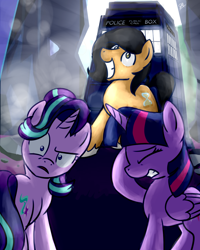 Size: 1024x1280 | Tagged: safe, artist:sugar morning, character:starlight glimmer, character:twilight sparkle, character:twilight sparkle (alicorn), oc, species:alicorn, species:pony, castle, commission, confused, crash, debris, doctor who, facehoof, female, huh, male, mare, princess, smoke, stallion, tardis, the doctor, weird