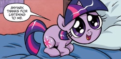 Size: 754x371 | Tagged: safe, artist:brendahickey, idw, character:twilight sparkle, adorable face, bed, cute, female, filly, filly twilight sparkle, pillow, solo, twiabetes, younger