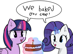 Size: 3204x2377 | Tagged: safe, artist:artiks, character:rarity, character:twilight sparkle, character:twilight sparkle (alicorn), species:alicorn, species:pony, birthday, birthday cake, cake, dialogue, food, speech bubble