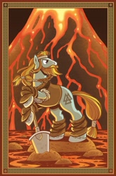 Size: 787x1195 | Tagged: safe, artist:brendahickey, idw, character:rockhoof, legends of magic, cover, lava, solo, valknut, viking, volcano